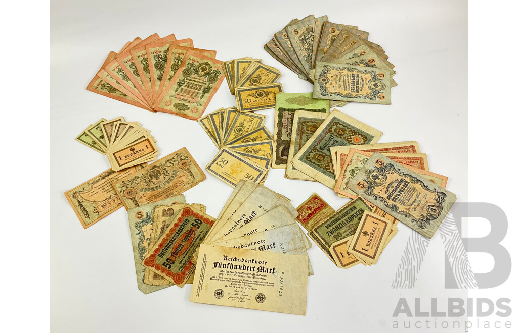 Collection of Imperial Russian and German Occupation Bank Notes - Approximately 260 Notes