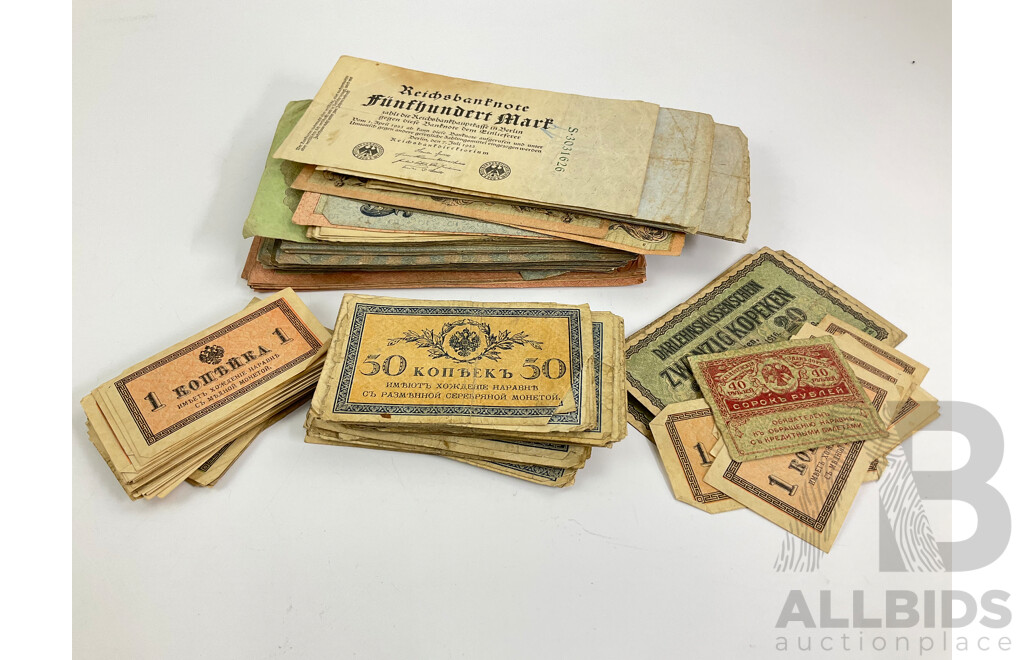 Collection of Imperial Russian and German Occupation Bank Notes - Approximately 260 Notes