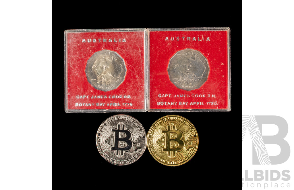 Two Australian 1970 UNC Fifty Cents, Captain Cook with Gold and Silver Tone Bitcoin Coins