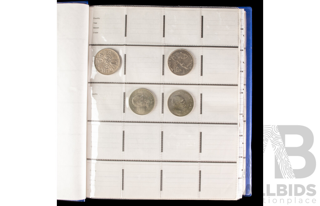 Album of United Kingdom, New Zealand and USA Coins Including Commemorative Crowns, Pennies, Half Pennies, Sixpence, Shillings, Two Shillings, New-Pence, One Pound, QV to QE2, Dimes, Quarters,