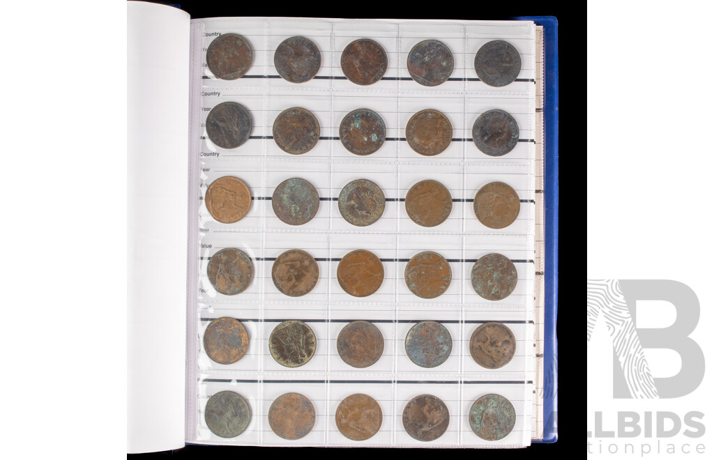 Album of United Kingdom, New Zealand and USA Coins Including Commemorative Crowns, Pennies, Half Pennies, Sixpence, Shillings, Two Shillings, New-Pence, One Pound, QV to QE2, Dimes, Quarters,