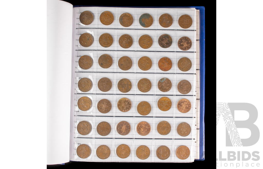 Album of United Kingdom, New Zealand and USA Coins Including Commemorative Crowns, Pennies, Half Pennies, Sixpence, Shillings, Two Shillings, New-Pence, One Pound, QV to QE2, Dimes, Quarters,