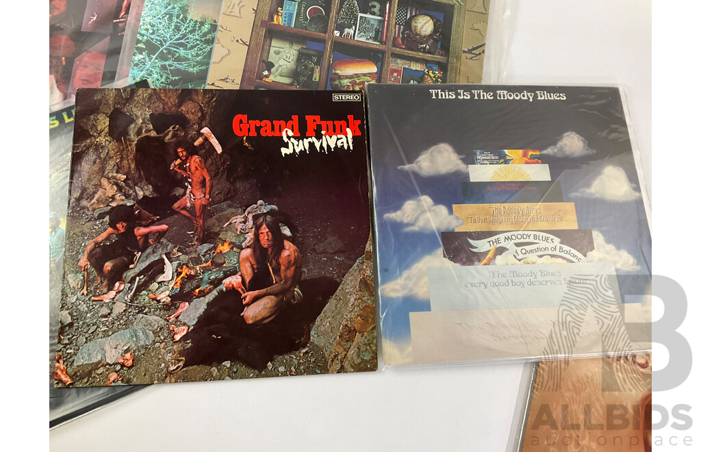 Eight 1970's Vinyl LP Records Including Bachman Turner Overdrive, Grand Funk Railroad, Arlo Guthrie, Manfred Mann, Moody Blues, Three Dog Night