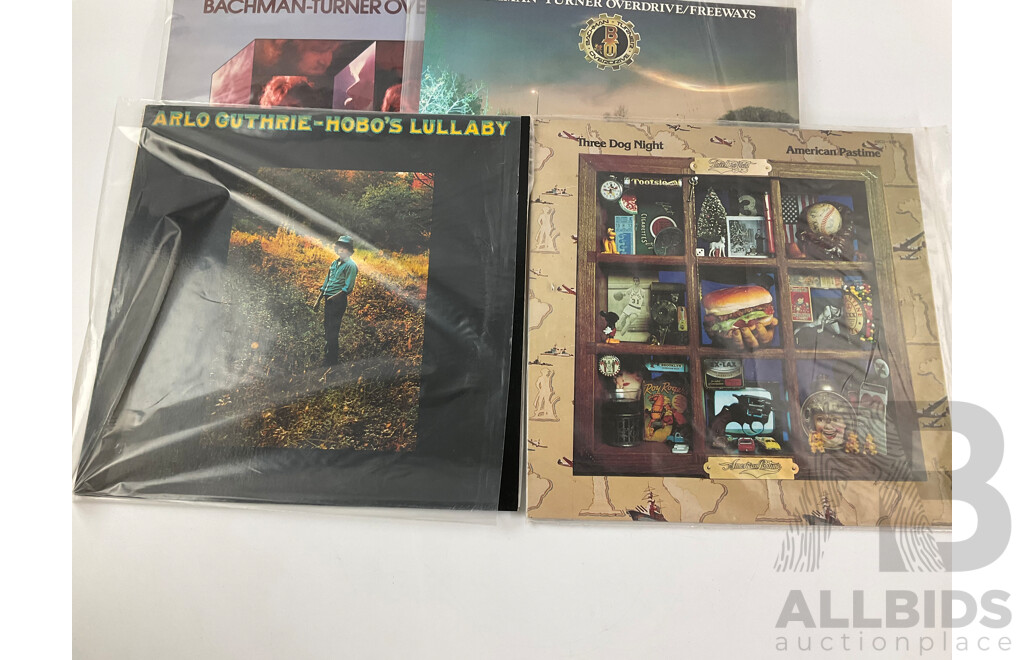 Eight 1970's Vinyl LP Records Including Bachman Turner Overdrive, Grand Funk Railroad, Arlo Guthrie, Manfred Mann, Moody Blues, Three Dog Night