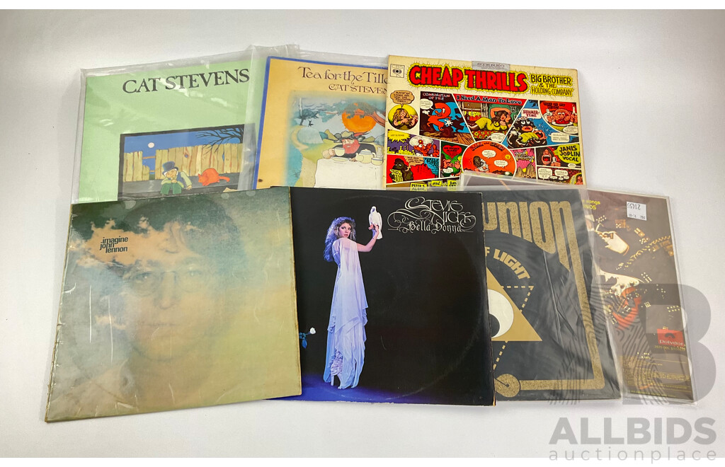 Collection of Vinyl Vintage Records Including John Lennon, Stevie Nicks, Big Brother & the Holding Company, Cat Stevens, Derek and the Dominoes