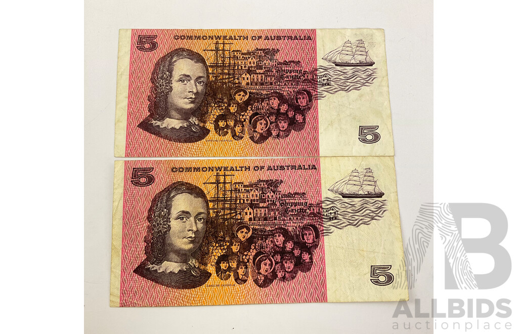 Two Australian 1969 Five Dollar Notes, Phillips/Randall R203