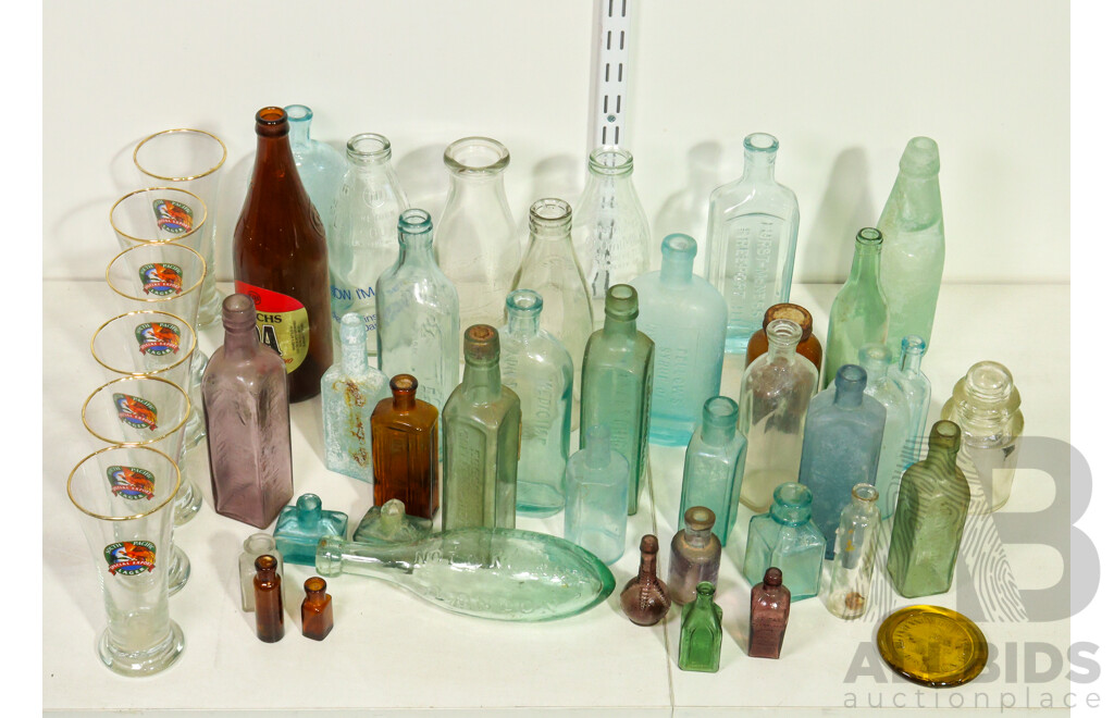 Collection of Antique and Vintage Bottles Including Codd Neck, Norrish and Co Torpedo Bottle, Wahoo Electric Tonic, Ball and Claw Bitters, Model Kew Dairy, Reschs DA, Ink Wells and More