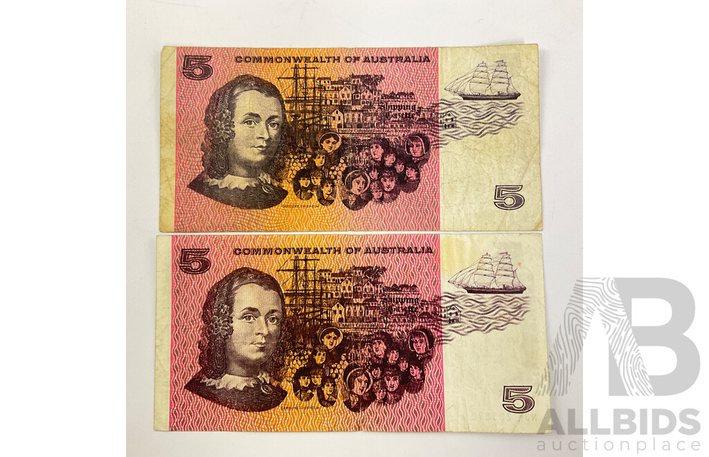 Australian 1967 and 1972 Five Dollar Notes, Coombs/Randall, R202, Phillips/Wheeler, R204