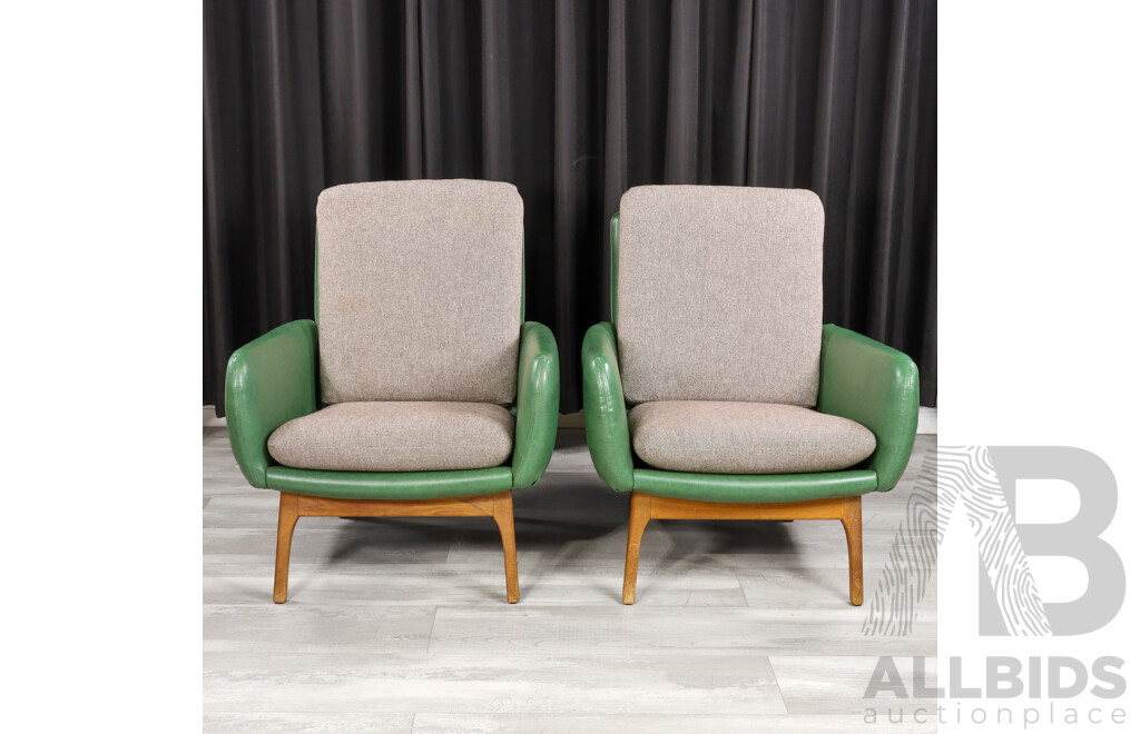 Pair of Retro Vinyl Upholstered Lounge Chairs with Later Cushions