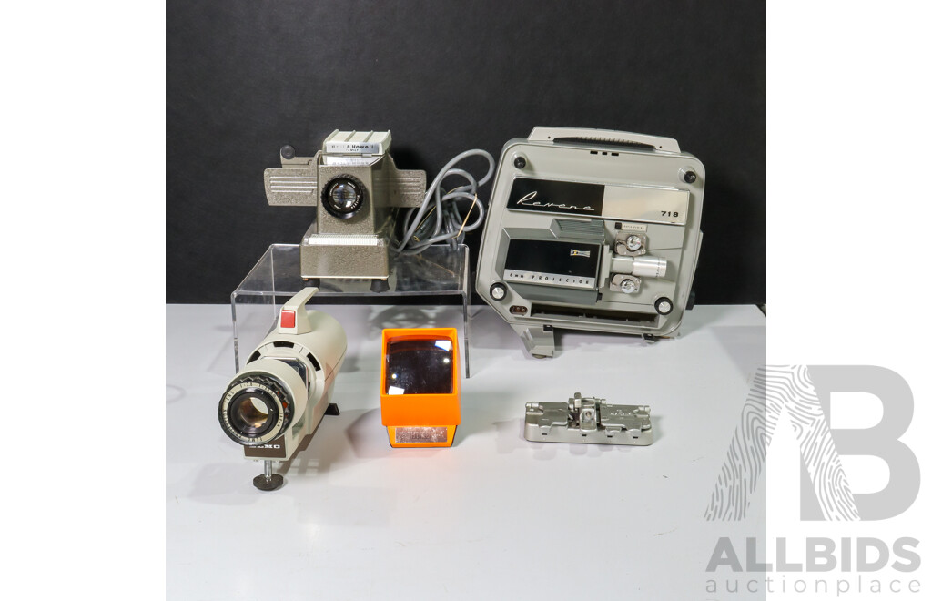 Collection of Vintage Movie Equipment Including Revere 718 8mm Film Projector, Bell & Howell Slide Projector, Siemens Film Splicer, Lighted Slide Viewer and Elmo Slide Projectior