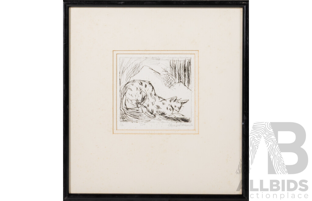 Edwina Stanham, (20th Century, Active c1980s), Cat, Original Limited Edition Signed Etching, 31 x 29 cm (frame)