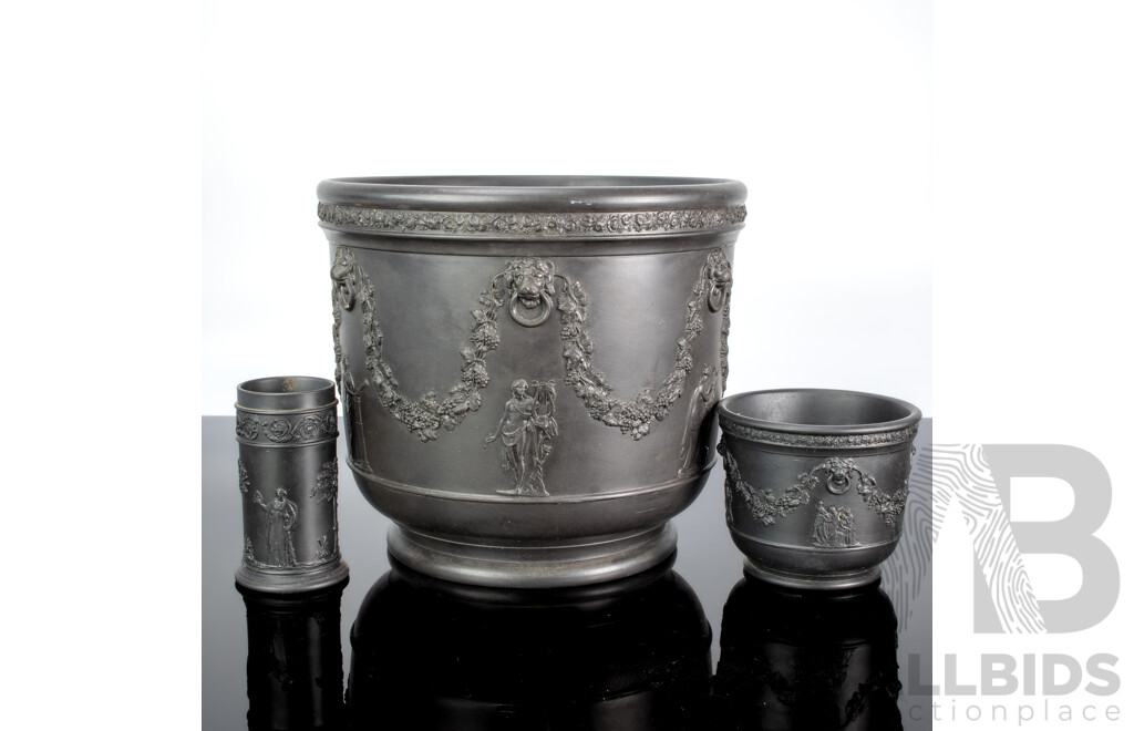 Antique Wedgwood Black Basalt Neo Classical Jardiniere Along with Two Other Wedgwood Black Basalt Pieces