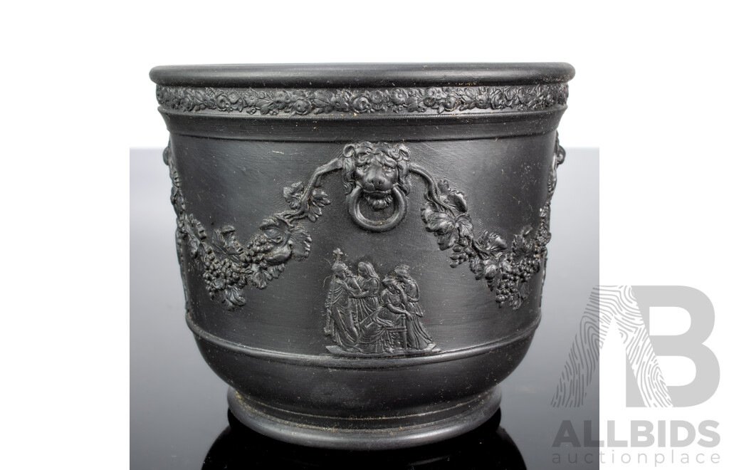 Antique Wedgwood Black Basalt Neo Classical Jardiniere Along with Two Other Wedgwood Black Basalt Pieces