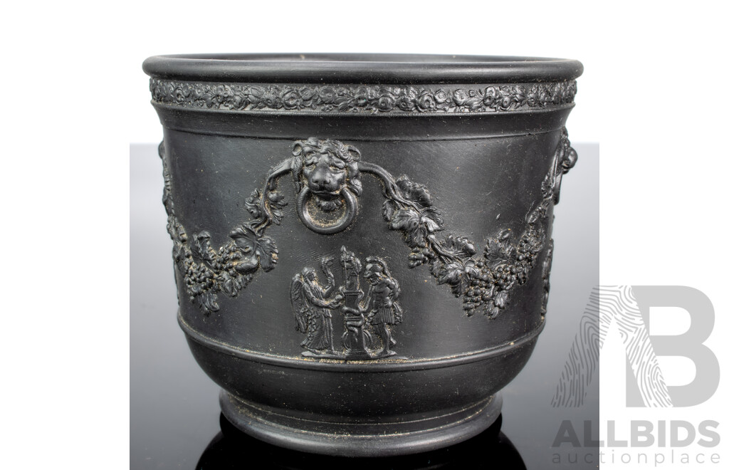 Antique Wedgwood Black Basalt Neo Classical Jardiniere Along with Two Other Wedgwood Black Basalt Pieces