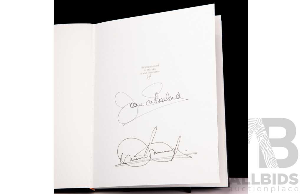 Limited Edition 64 of 500, Signed by Joan Sutherland & the Author, Joan Sutherland, Designs for a Prima Donna, R Bonynge, The Craftsmans Press, 1985, Hard Cover in Solander Case