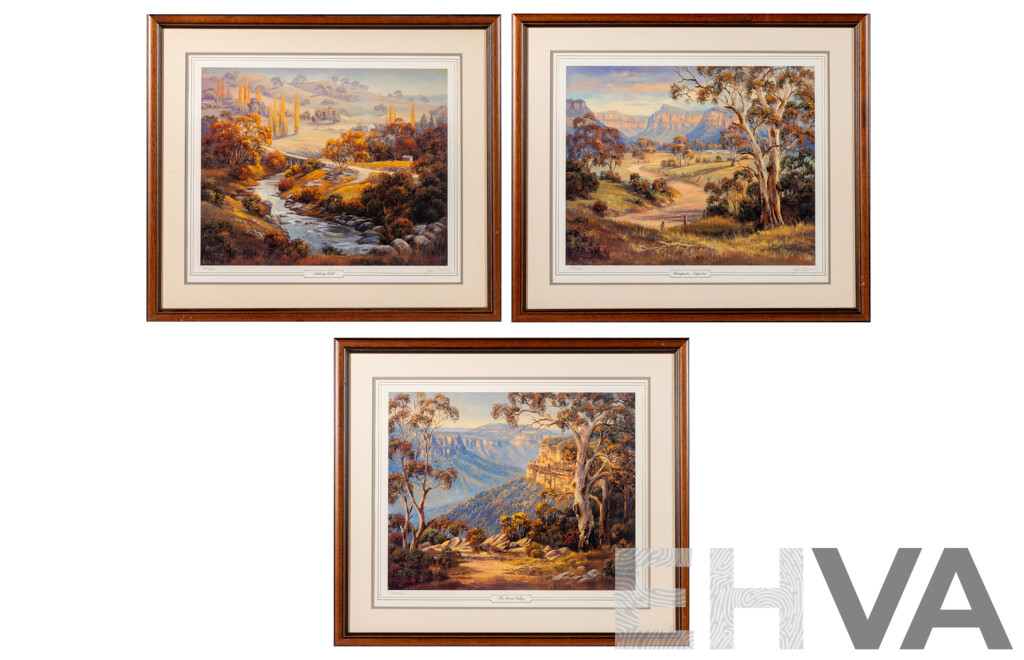 John Bradley, (20th Century, Australian, 1945-) Ramparts - Capertree, The Grose Valley & Adelong Gold, Trio of Limited Edition & Signed Reproduction Colour Prints of Original Oils, 57 x 65 cm (frame) (3)