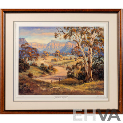 John Bradley, (20th Century, Australian, 1945-) Ramparts - Capertree, The Grose Valley & Adelong Gold, Trio of Limited Edition & Signed Reproduction Colour Prints of Original Oils, 57 x 65 cm (frame) (3)