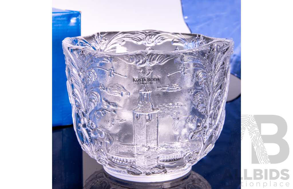 Mid Century Kosta Boda Glass Bowl by Kjell Engman in Original Bow Along with Blue Glass Dish with Ruffled Rim