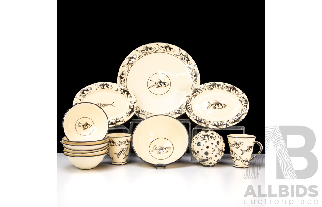 Set 13 Pieces Australian Studio Pottery by Mark Capon of Kangaroo Island Including Platters, Vase, Two Mugs and More
