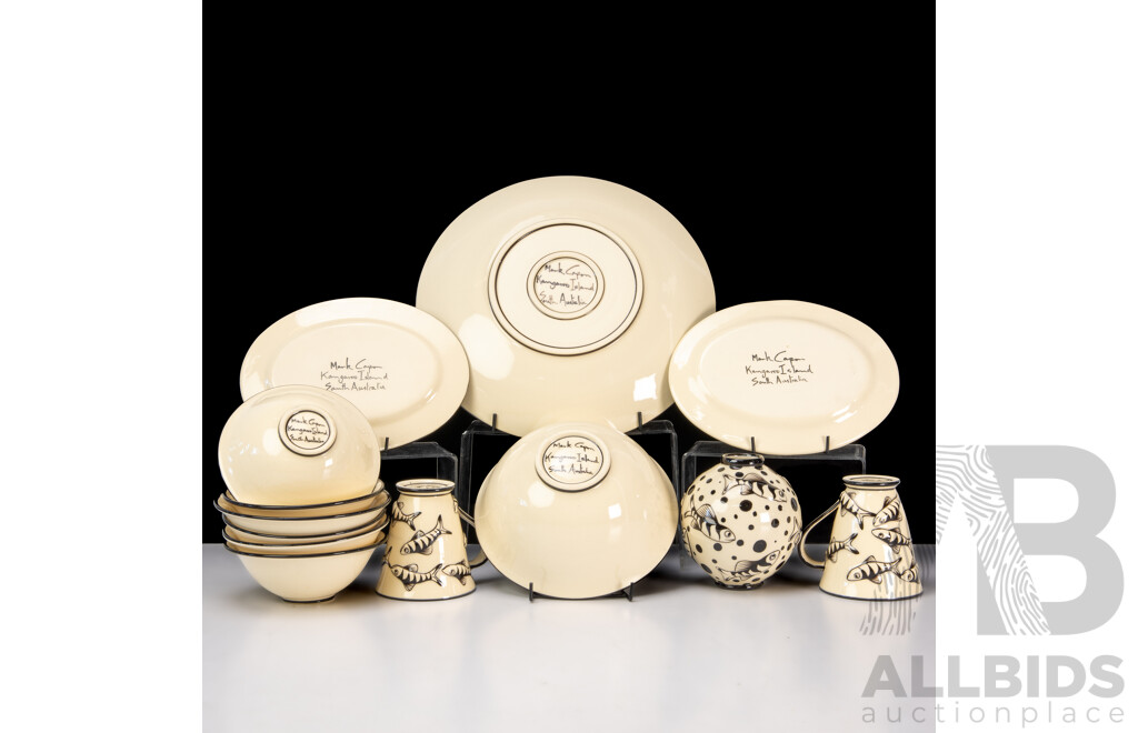 Set 13 Pieces Australian Studio Pottery by Mark Capon of Kangaroo Island Including Platters, Vase, Two Mugs and More