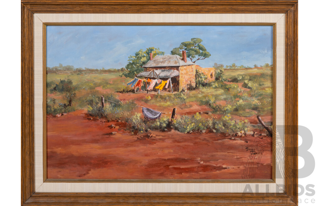Dawn Jones, (20th Century, Australian), Good Day for Line Drying, Wonderful Original Vintage Oil on Masonite, 35 x 46 cm (frame)