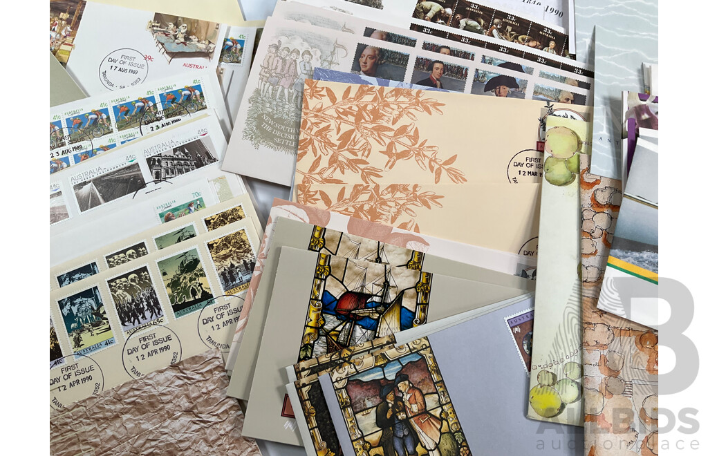 Collection of 1980's-1990's Stamp Packs and First Day Cover Sets Including 1989 Gardens of Australia Ten, Five and Dollar Mint Stamps