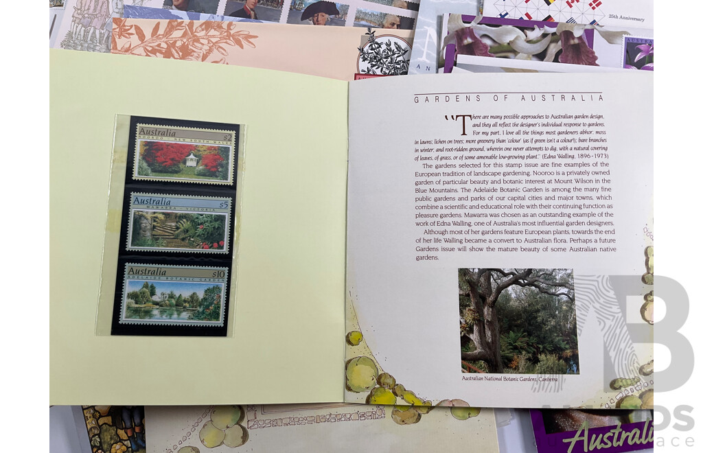 Collection of 1980's-1990's Stamp Packs and First Day Cover Sets Including 1989 Gardens of Australia Ten, Five and Dollar Mint Stamps