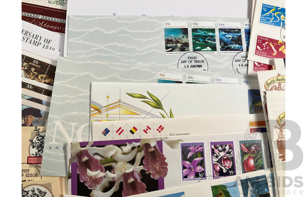 Collection of 1980's-1990's Stamp Packs and First Day Cover Sets Including 1989 Gardens of Australia Ten, Five and Dollar Mint Stamps