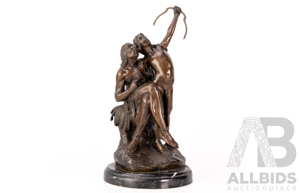 Vintage Bronze Sculpture of Two Indians on Marble Socle