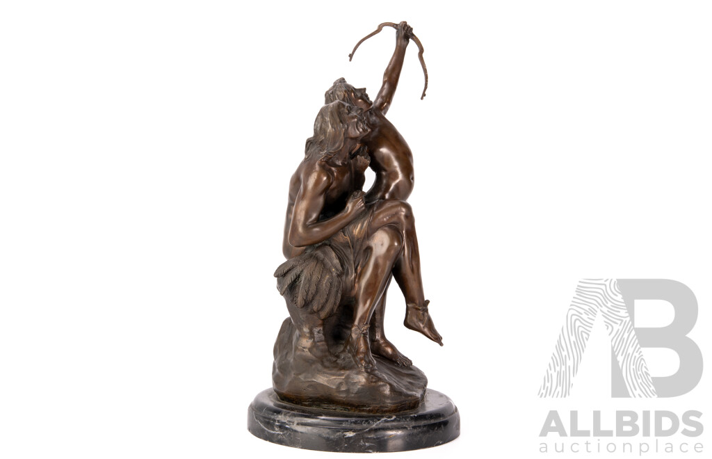 Vintage Bronze Sculpture of Two Indians on Marble Socle