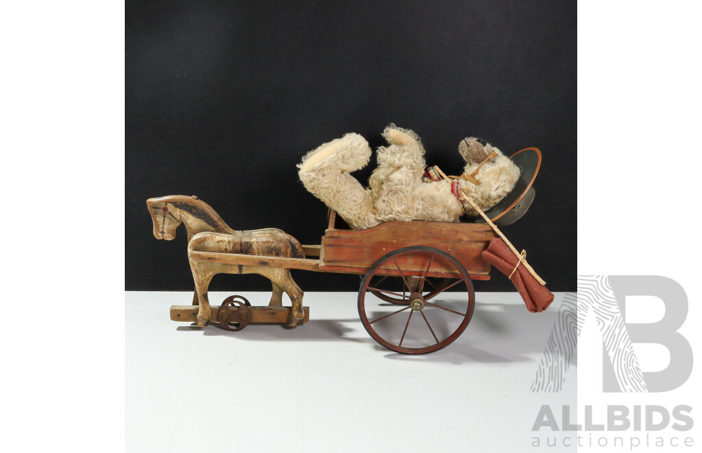 Vintage Timber Toy Horse and Cart, Swagsman Bear with Munoz Leather Hat