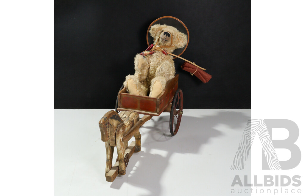 Vintage Timber Toy Horse and Cart, Swagsman Bear with Munoz Leather Hat