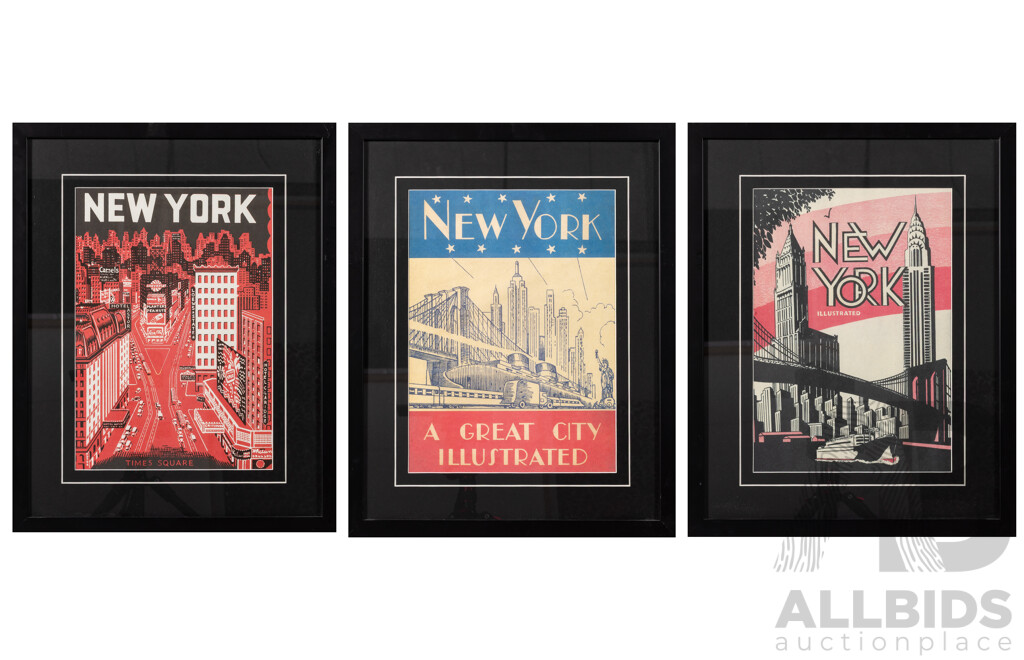 Trio of Retro Colour Vintage-Style Reproduction Colour Quality Prints Featuring New York City, 46 x 37 cm (frames) (3)