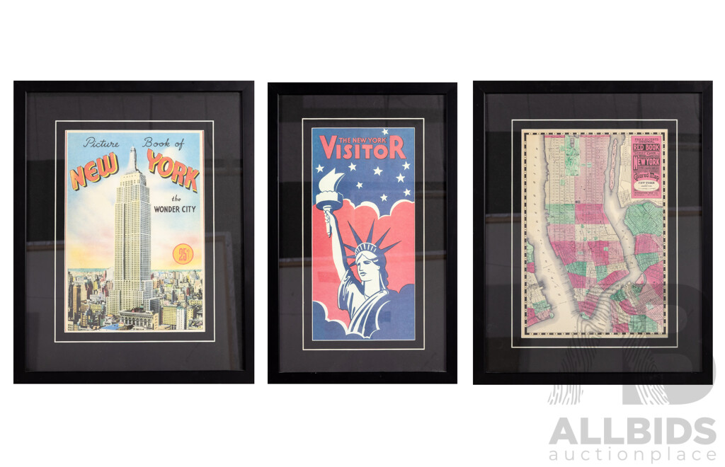 Trio of Retro Colour Vintage-Style Reproduction Colour Quality Prints Featuring New York City, 46 x 37 cm (larger^ Frames X 2) (3)