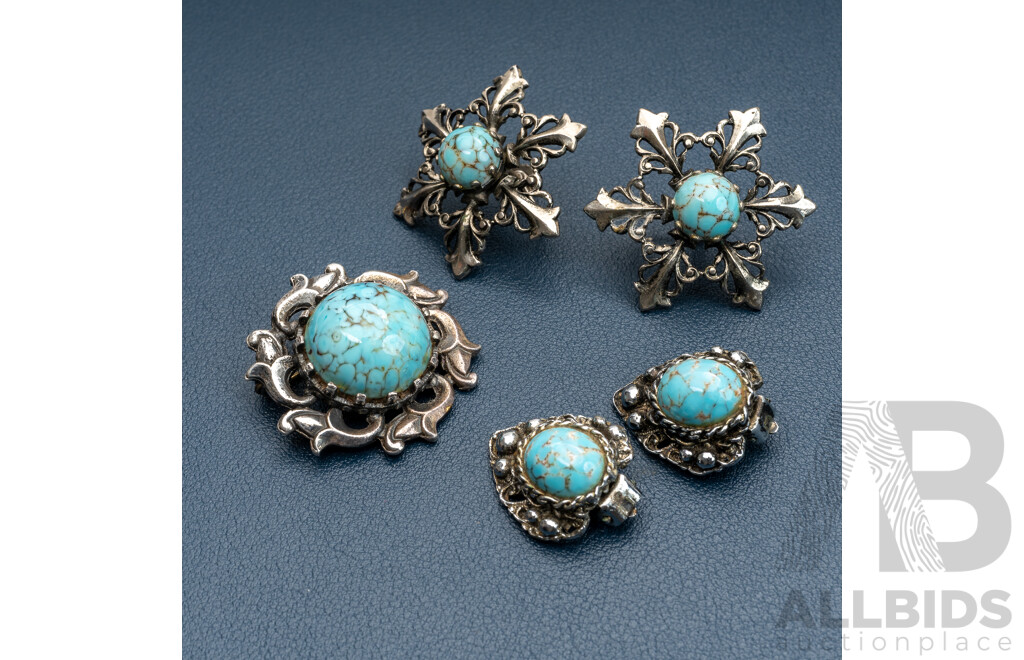 Vintage Silver Peking Glass Cabochon Brooch and Two Pairs of Peking Glass Silver Clip on Earrings