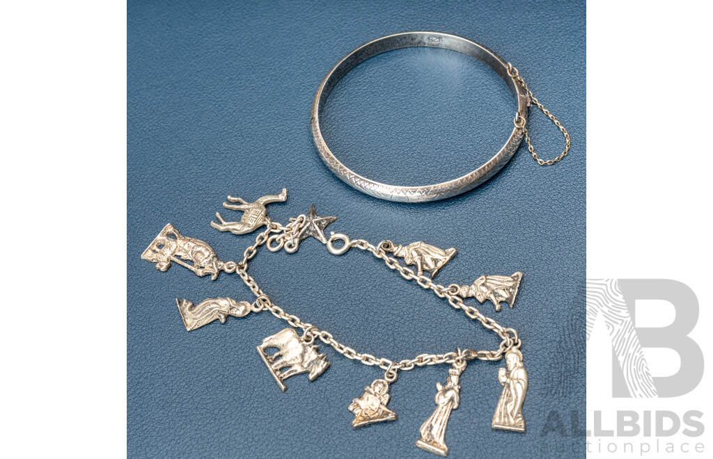 Vintage Sterling Silver (980) Nativity Bracelet 16.5cm & Vintage Sterling Hinged Children's Bangle 50mm, 18.77 Grams