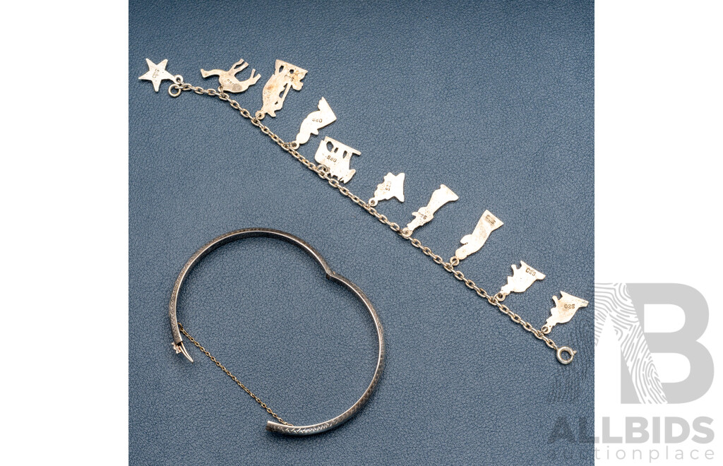 Vintage Sterling Silver (980) Nativity Bracelet 16.5cm & Vintage Sterling Hinged Children's Bangle 50mm, 18.77 Grams