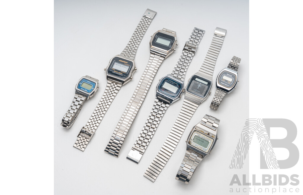 Collection of (7) Vintage Digital Watches Including Seiko and Radius