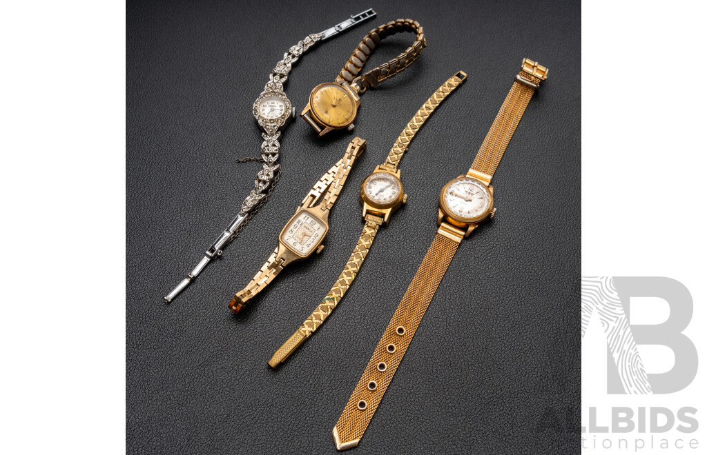 Collection of (5) Petite Vintage Ladies Watches Including Felicia, Yanka, Darwil, Coronet, Danivas