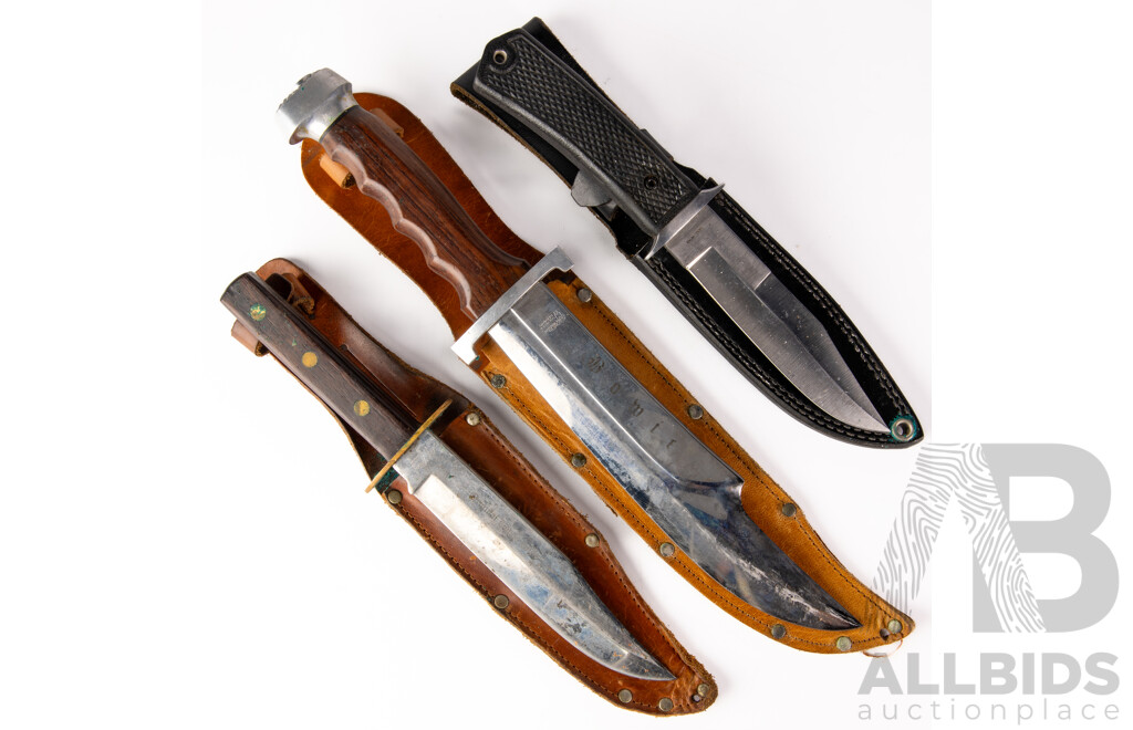Collection Three Knives Comprising Japanese Seki Made Black Jack  Knives, German Solingen Widder Bowie & Smaller Widder Bowie, All in Leather Sheaths
