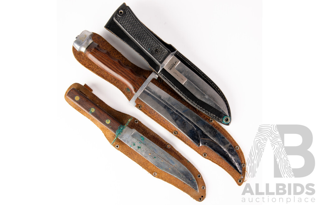 Collection Three Knives Comprising Japanese Seki Made Black Jack  Knives, German Solingen Widder Bowie & Smaller Widder Bowie, All in Leather Sheaths