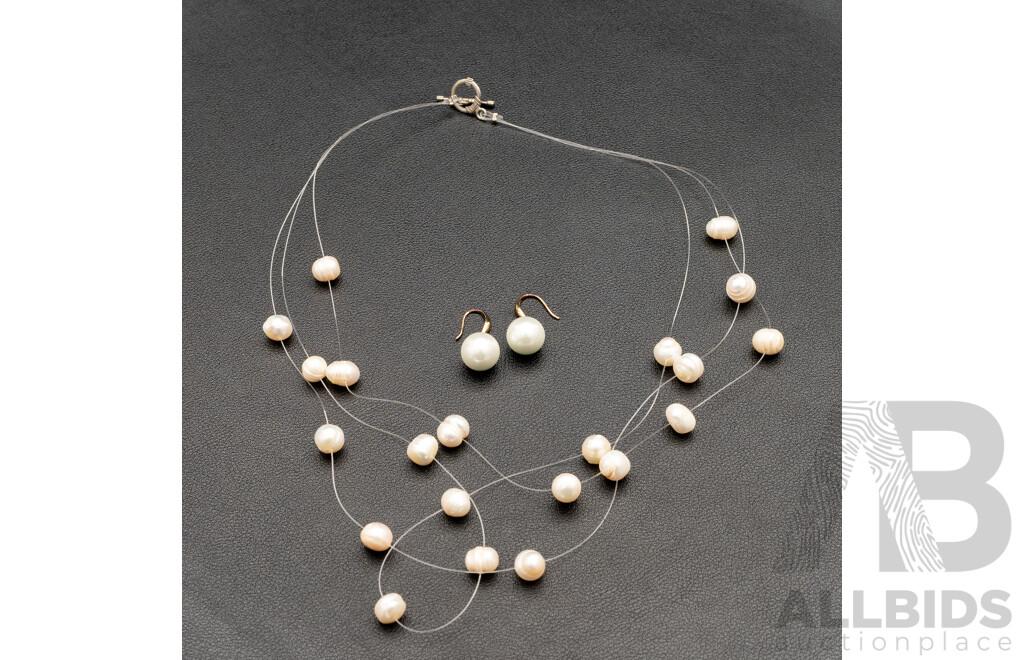 3 Strand Baroque Freshwater Pearl Necklace and Pearl Earring Set - Lot of 2