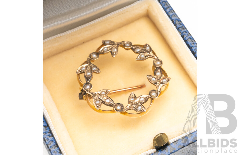9ct Yellow Gold Antique Brooch with Seed Pearls - 2.7gms