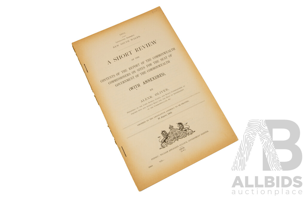 Legislative Council of New South Wales - a Short Review of the Contents of the Report of the Commonwealth Commissioners on Site for the Seat of Government of the Commonwealth 1903