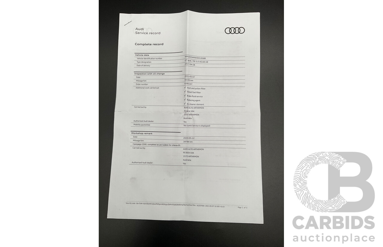 1/2017 Audi Q7 3.0 TDI Quattro (160KW AWD) 4M MY17 4d Wagon Ink Blue Pearl Turbo Diesel V6 3.0L - 7 Seater