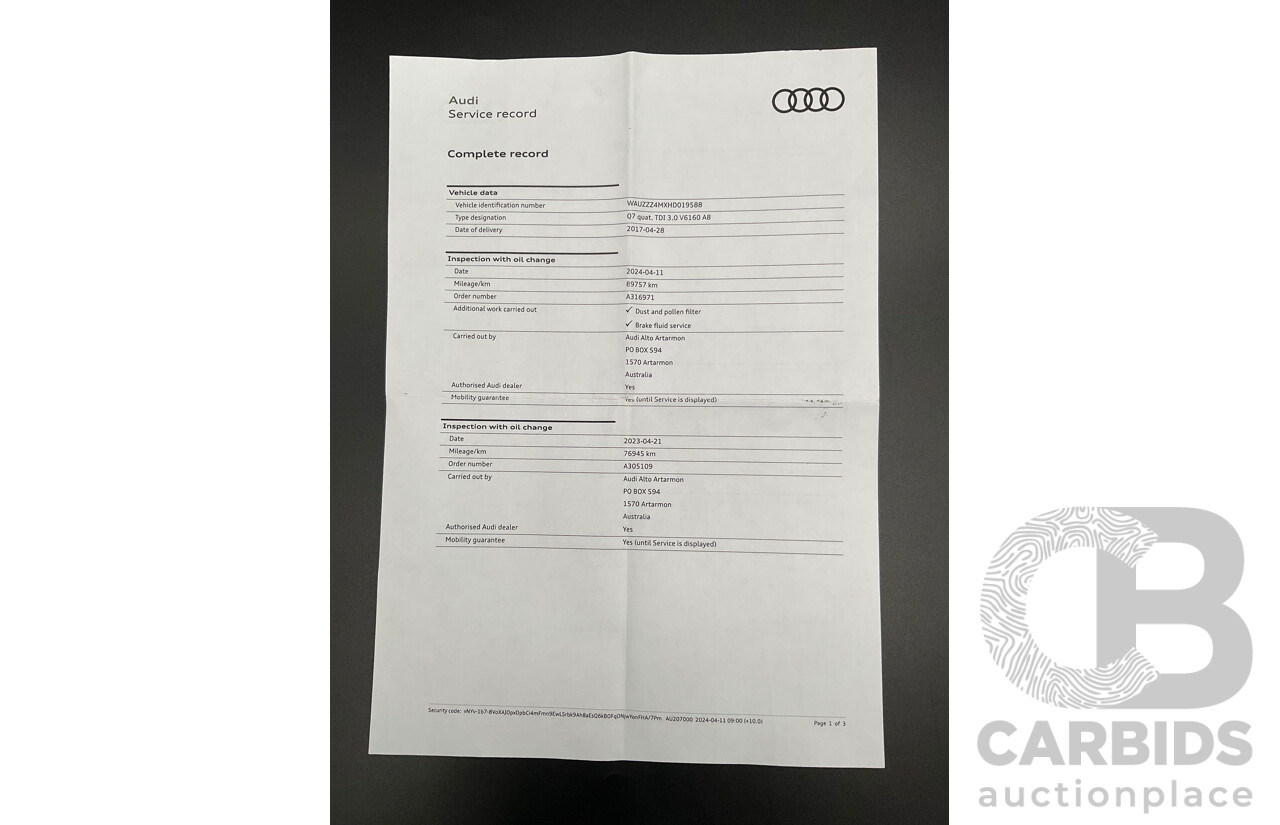 1/2017 Audi Q7 3.0 TDI Quattro (160KW AWD) 4M MY17 4d Wagon Ink Blue Pearl Turbo Diesel V6 3.0L - 7 Seater