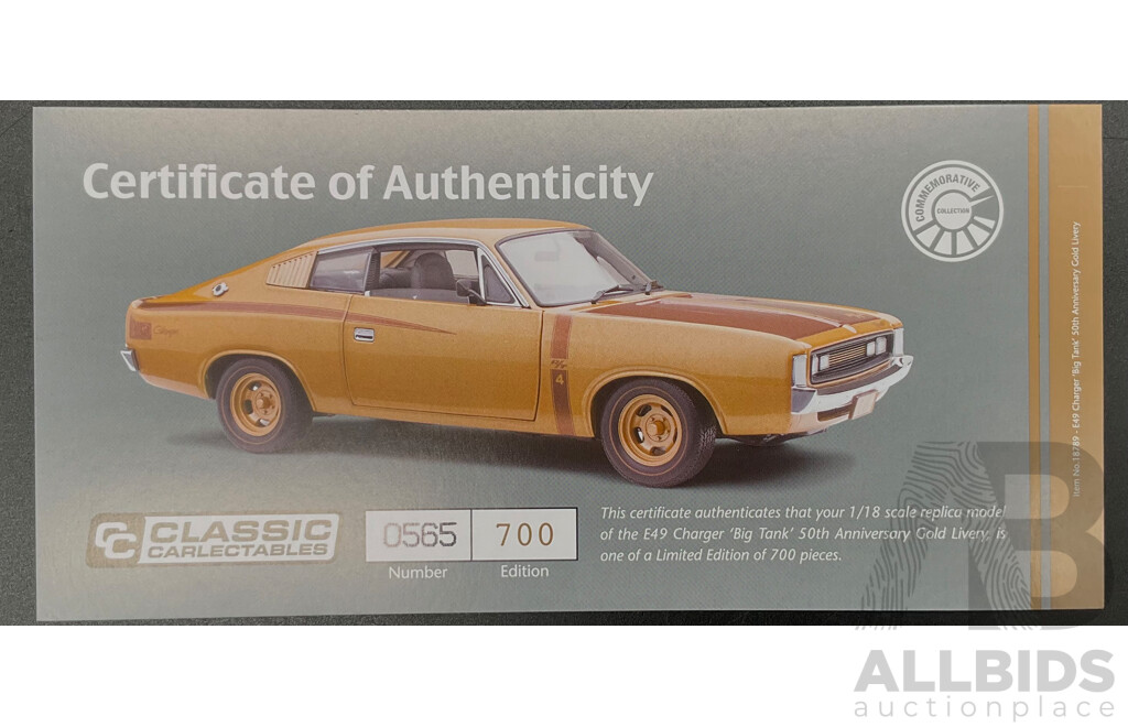 Classic Carlectables  1:18 Limited Edition Diecast Model E49 Charger 'Big Tank'-  50 Th Anniversary Gold Livery - Brand New