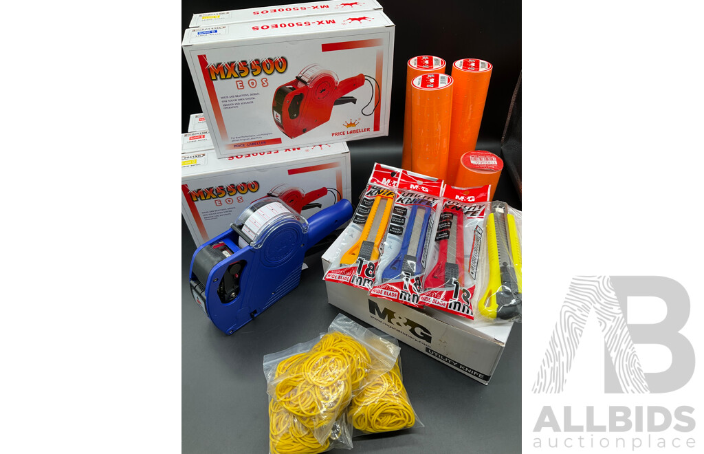 MX5500 EOS Price Labellers with Tags Labels Refills, Utility Knifes and Rubber Bands - Lot of 102