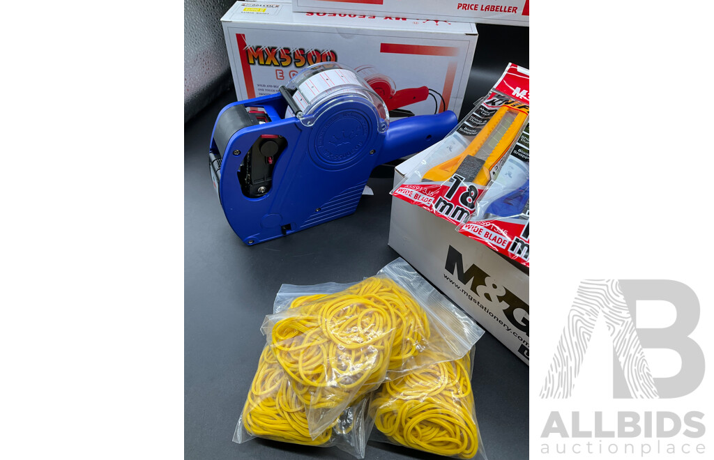 MX5500 EOS Price Labellers with Tags Labels Refills, Utility Knifes and Rubber Bands - Lot of 102