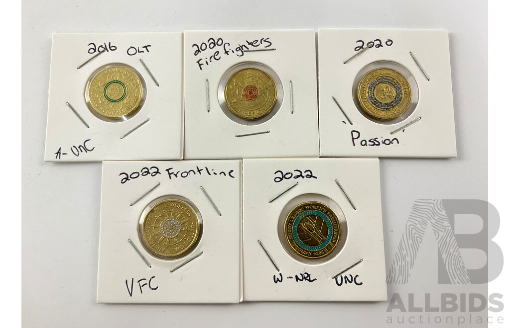 Five Australian Commemorative Two Dollar Coins Including 2020 Fire Fighters, 2022 Front Line Workers, 2022 Women's NRL, 2020 Olympic Passion, 2016 Olympic Team